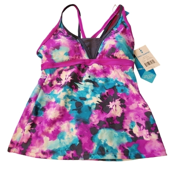 NWT Free Country TikiTieDye Sporty Tankini Small berry and slate colors - Picture 3 of 15
